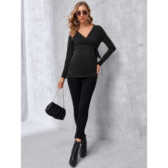 Maternity Solid Nursing v neck long sleeve Tee tie front black - Picture 5 of 11